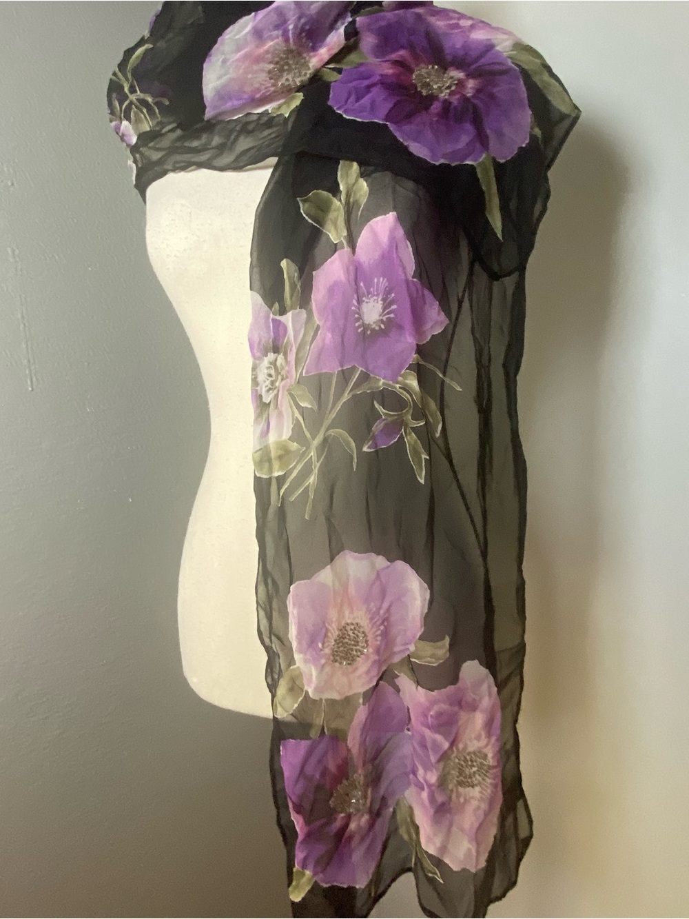 Y2K 100% Silk Purple & Black Floral Chiffon Beaded Scarf - Picture 3 of 10